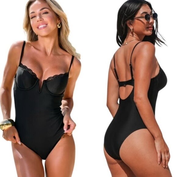 NWT Cupshe Tummy Control Lovely Lace Underwire One Piece Swimsuit Black Size M - Picture 1 of 16